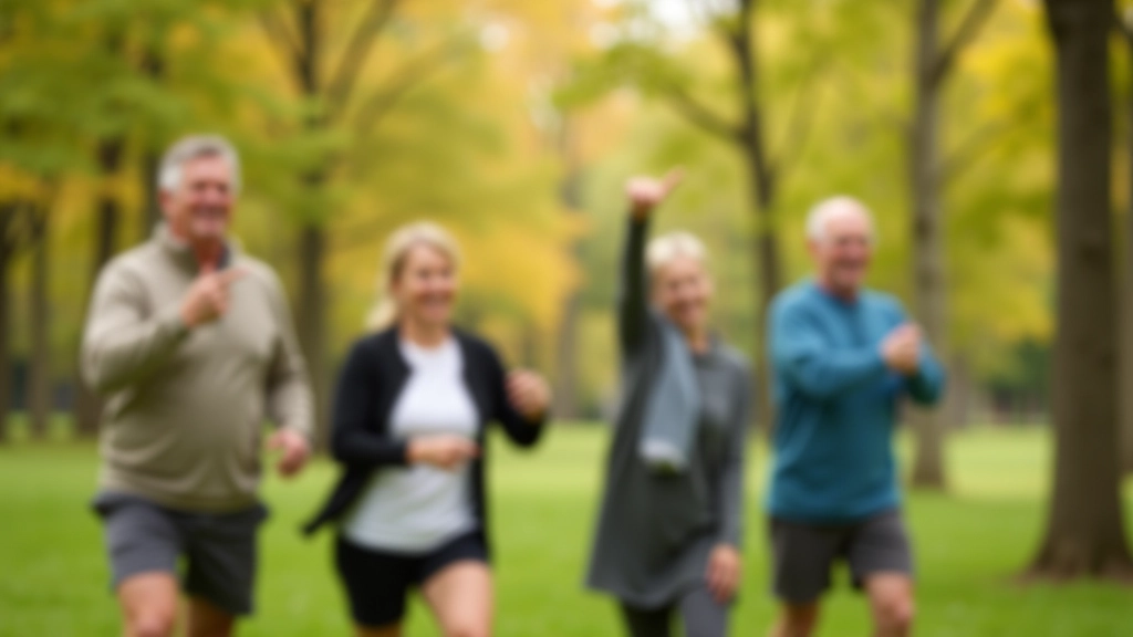Four walkers of varied ages performing stretching exercises together in a park before their morning walk