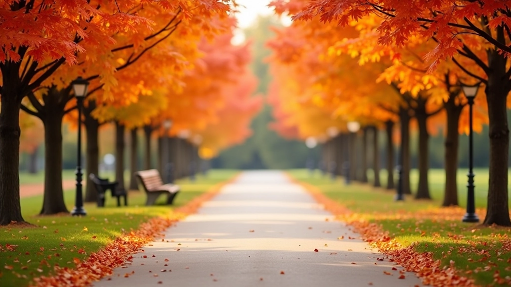 Beautiful autumn park trail with vibrant fall foliage, orange and red trees lining a wide walking path with clear visibility and park benches visible in distance
