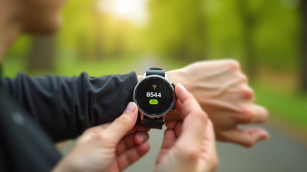 Fitness tracker smartwatch screen showing step counter at 8,542 steps with date and time, held by person in outdoor park setting with blurred trees