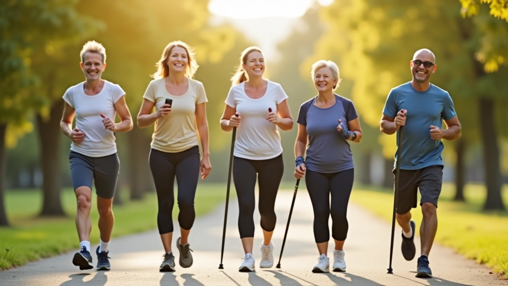 Group of five adults aged 45-65, diverse ethnicities, walking together on wide park path, laughing and conversing, casual athletic wear, trees and sky visible