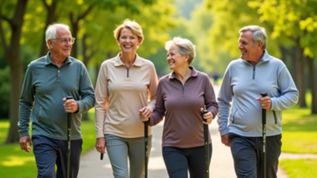 Group of four adults aged 40-60, diverse backgrounds, smiling while walking together on park path with morning sunlight, casual athletic wear