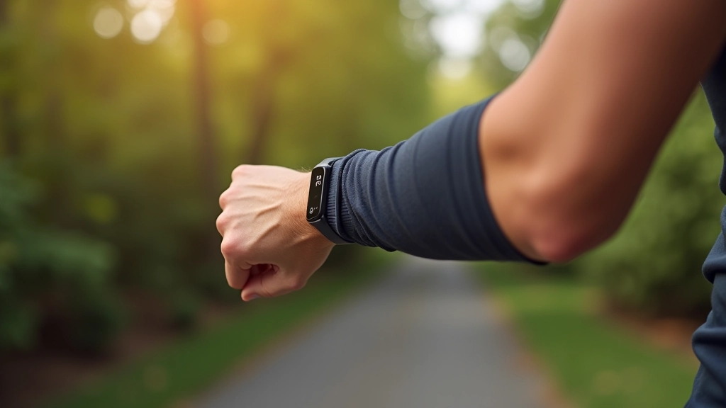 Fitness tracker displaying step count on wrist during outdoor morning walk with trees and path visible
