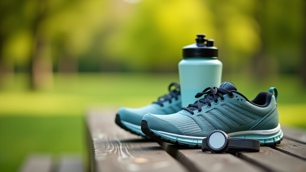 Close-up of walking shoes, water bottle, and athletic watch on a wooden bench with park background
