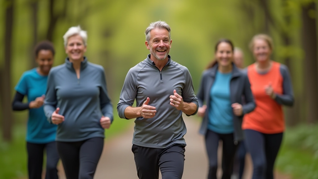 Group of older adults in a Nordic walking workshop setting with instructor demonstrating technique on outdoor trail