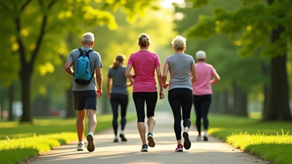 Group of five walkers in athletic wear on a tree-lined park path with morning sunlight filtering through leaves