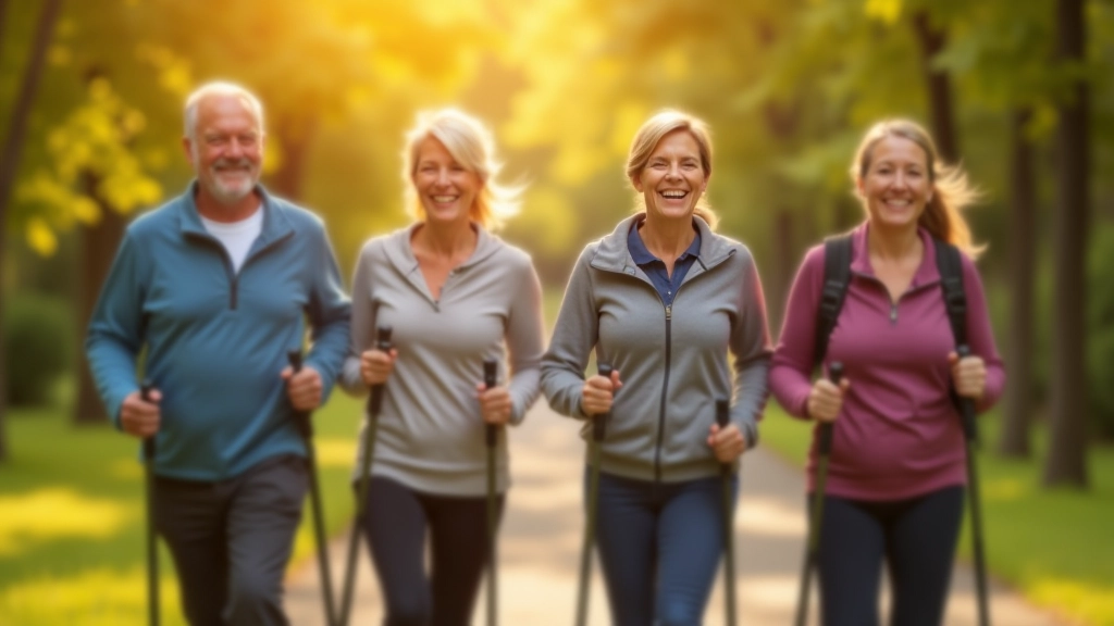Group of four adults aged 45-65 walking together on a tree-lined park path, enjoying morning light and conversation while exercising outdoors