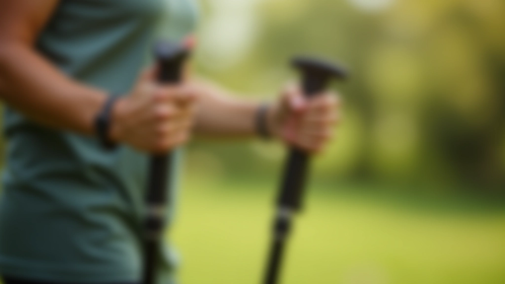 Close-up of Nordic walking poles held by hands, demonstrating proper grip and positioning technique