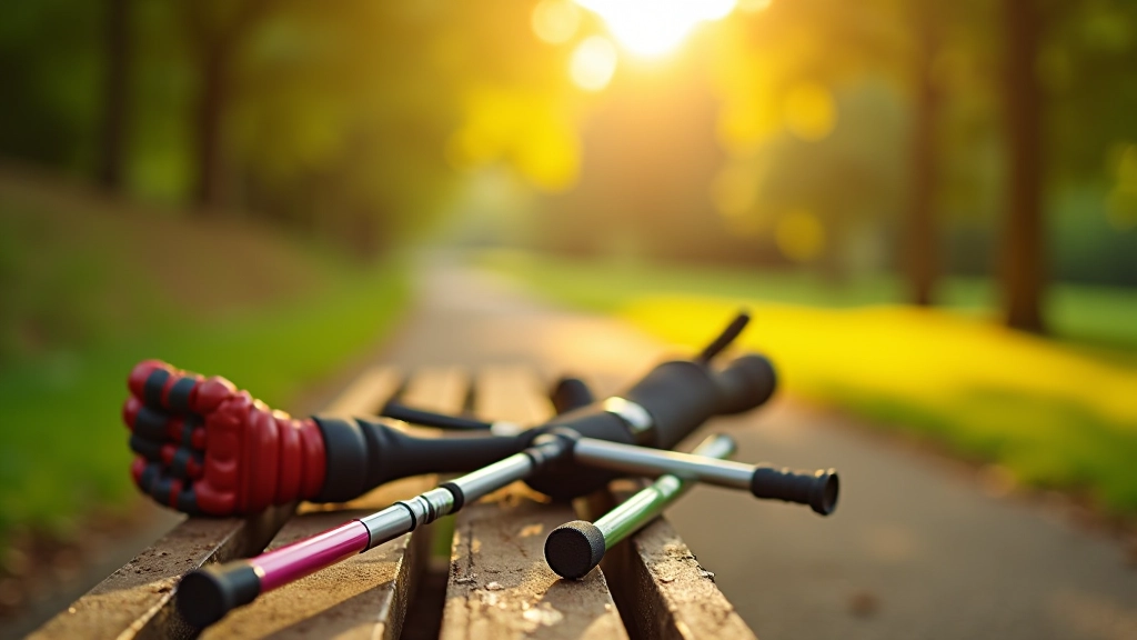 Nordic walking poles on a park bench with trail view