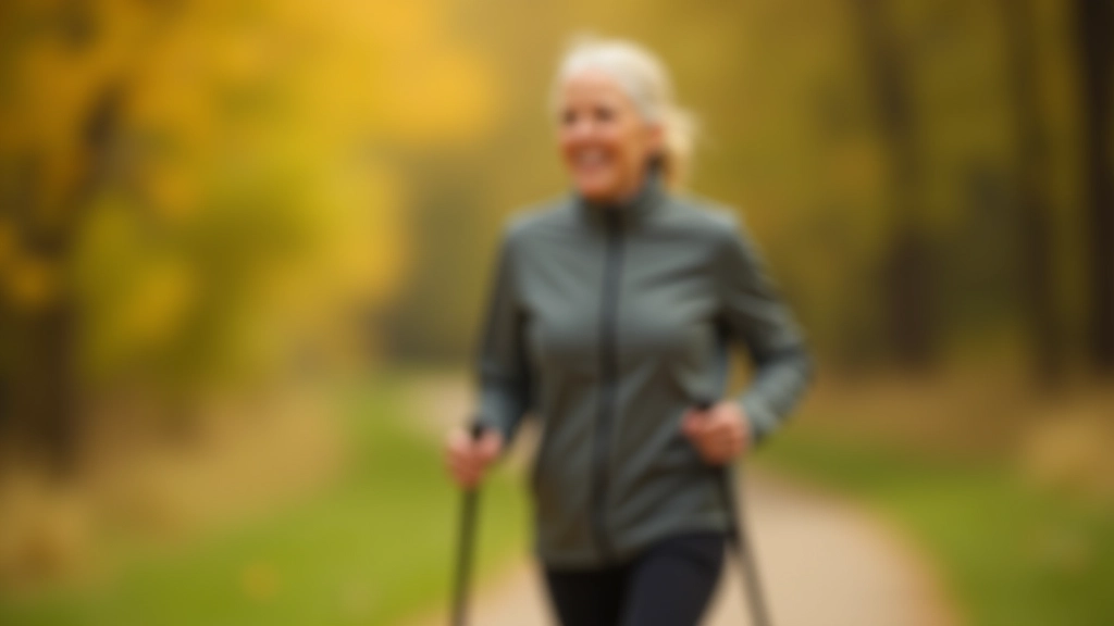 Older adult demonstrating Nordic walking posture in park setting with proper pole positioning and upright body alignment