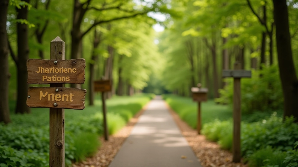 Scenic park trail with wooden signage and walking path winding through natural landscape
