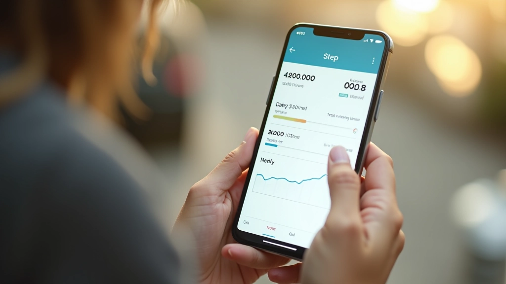Smartphone screen showing step tracking app with daily step graph, goal progress bar, and weekly statistics on light background