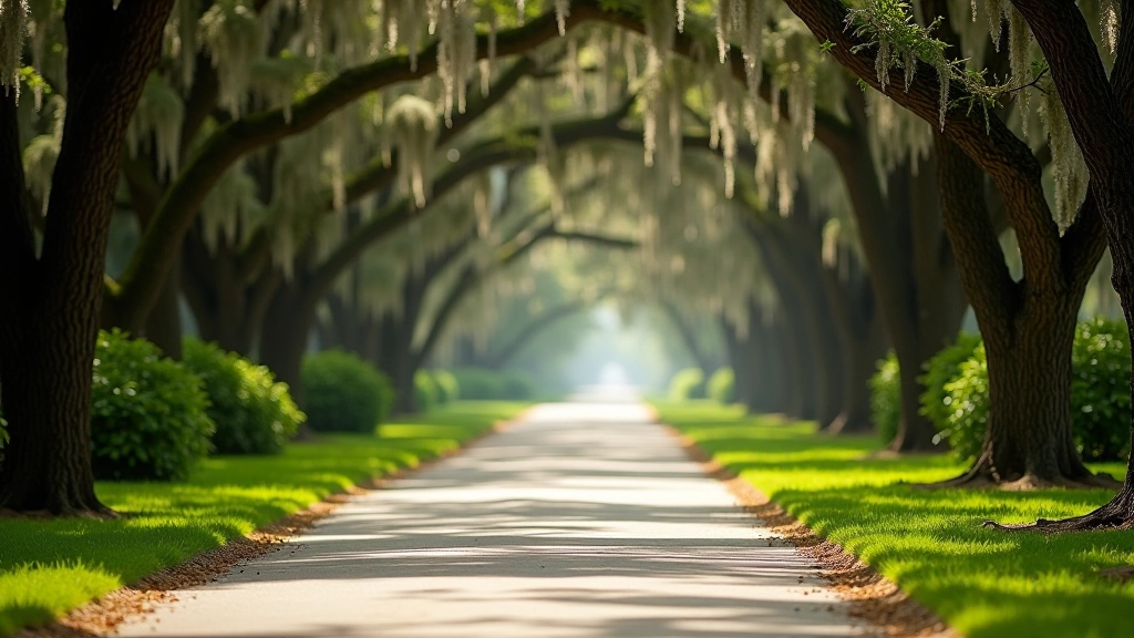 Southern park trail with Spanish moss hanging from trees, subtropical vegetation, and wide flat walking path perfect for all fitness levels