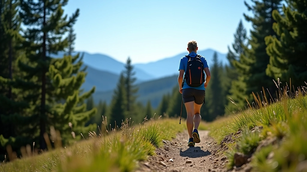Western mountain park trail with elevation changes, pine forest, distant mountain views, and clear blue sky indicating high altitude walking conditions