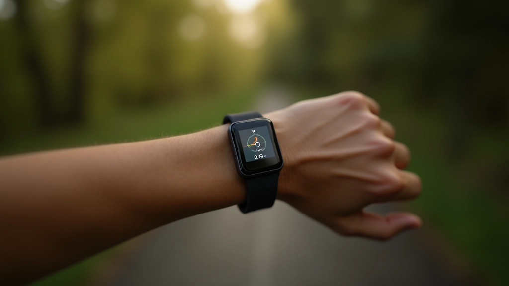 Person wearing a fitness tracker checking step count on wrist with park trail visible in background